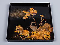 初代　笹田 月暁　Shinoda Getsugyo 1st／『枯蓮に鷺図蒔絵盆』　a Makie tray (an egret in a pond with the lotus dead leaves)